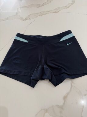 Nike Women's Navy Athletic Shorts with Light Blue Trim Medium (8-10)